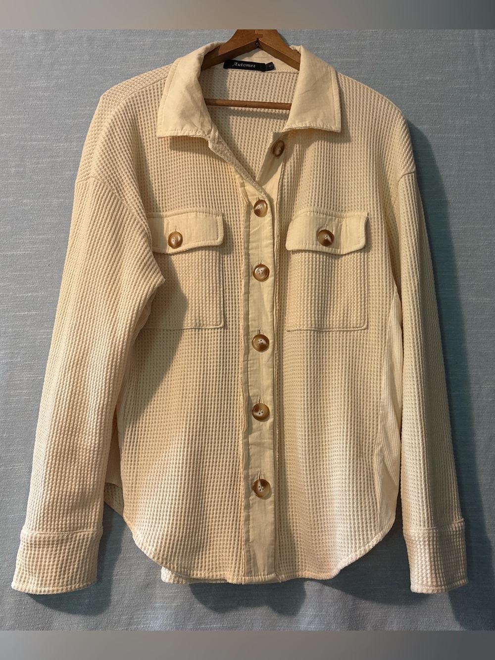 Automet Shacket Waffle Knit Long Sleeve Collared Button Up Cream Women’s Sz S